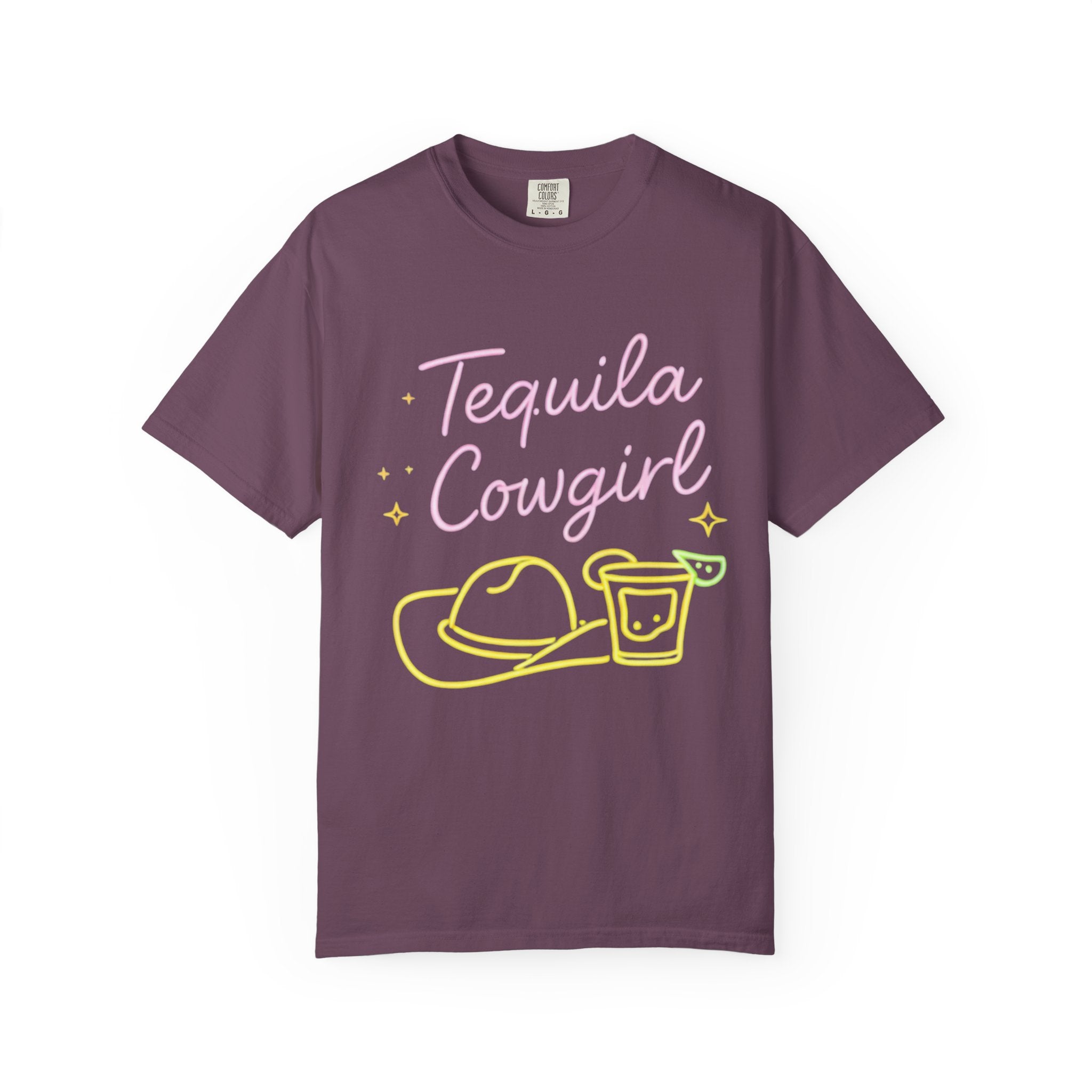 Tequila Southern Cowgirl T-Shirt | Neon Cowgirl Hat & Shot Glass |Graphic Tee
