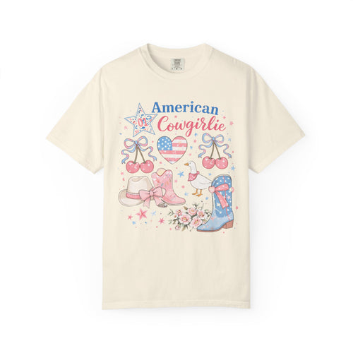 American Cowgirl Graphic T‑Shirt | Patriotic Cowgirl Boots & Heart Design