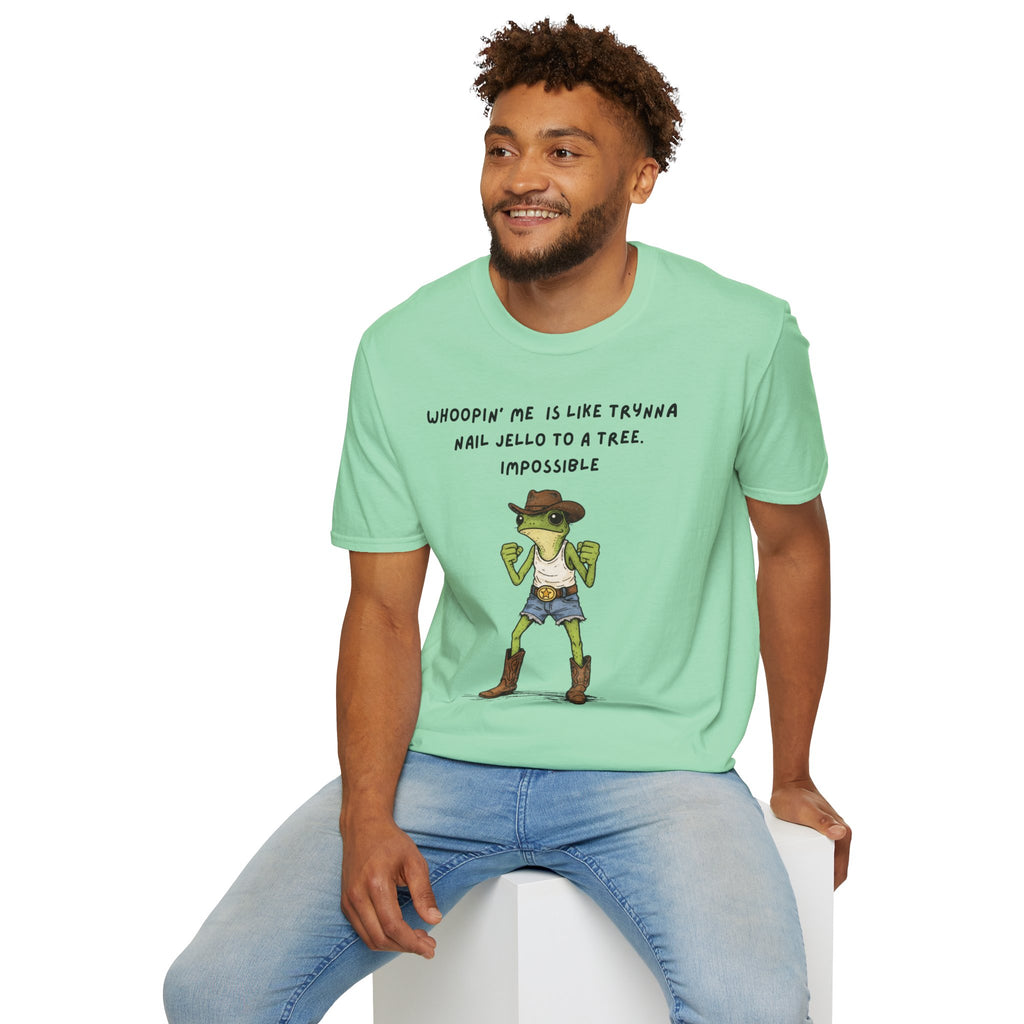 Funny Frog Cowboy T-Shirt |“Whoopin’ Me Is Like Trynna Nail Jello to a Tree” Graphic Tee