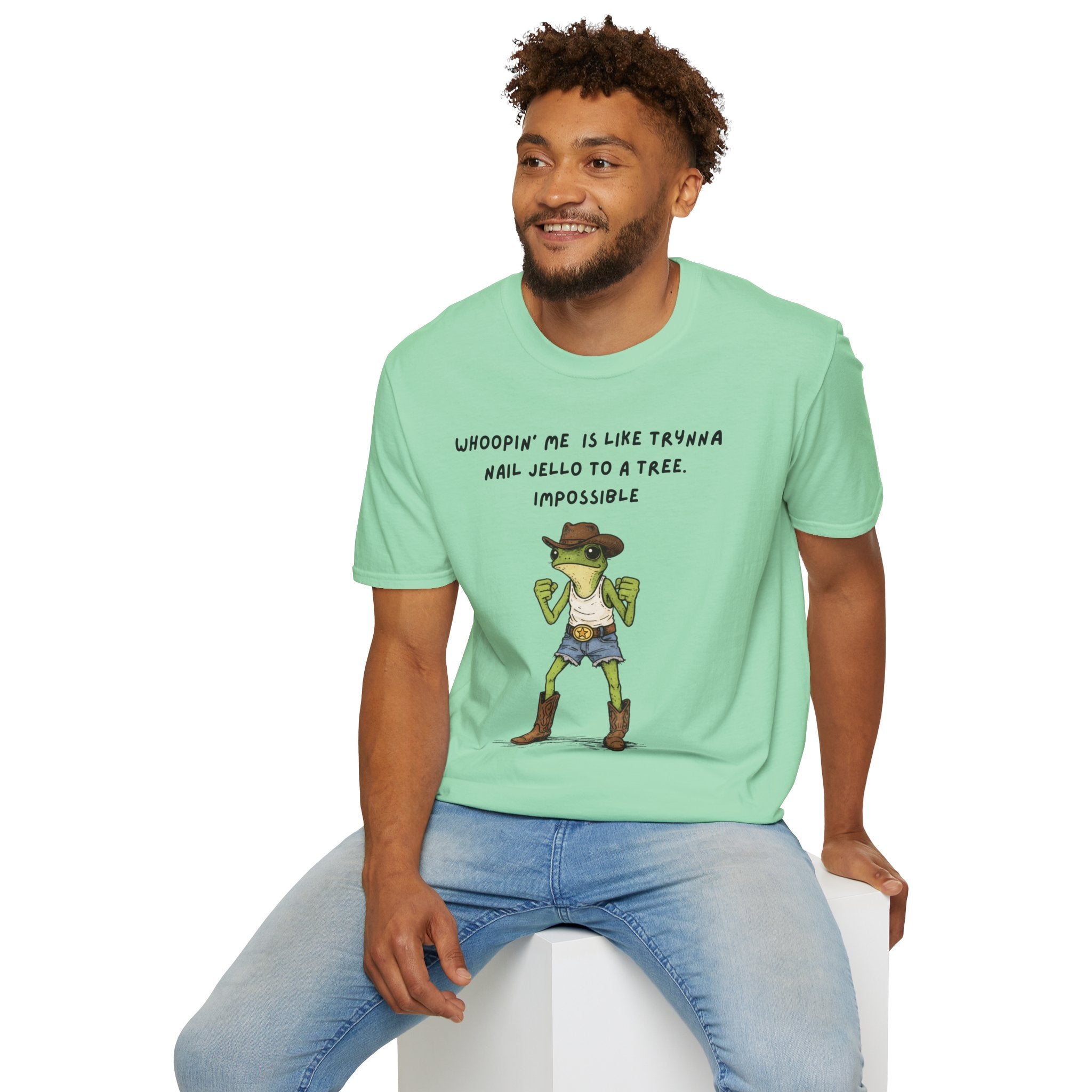 Funny Frog Cowboy T-Shirt |“Whoopin’ Me Is Like Trynna Nail Jello to a Tree” Graphic Tee