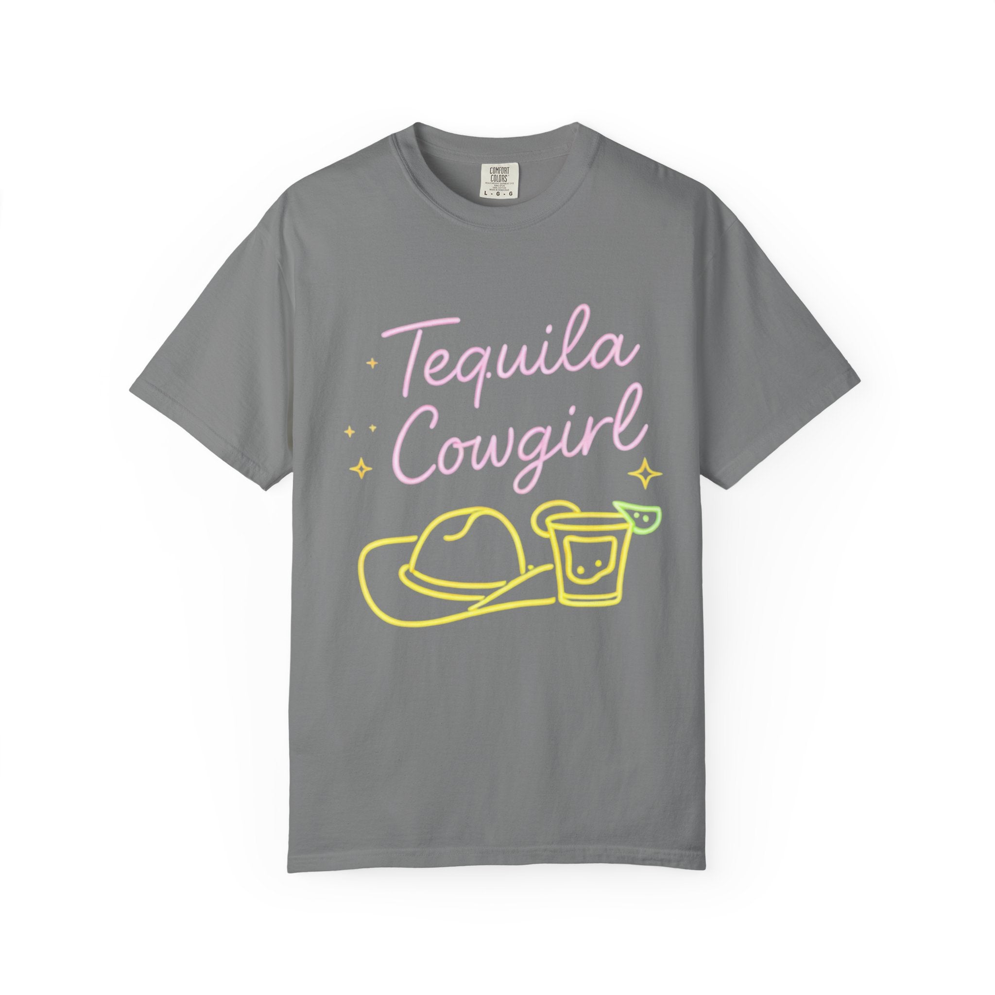 Tequila Southern Cowgirl T-Shirt | Neon Cowgirl Hat & Shot Glass |Graphic Tee