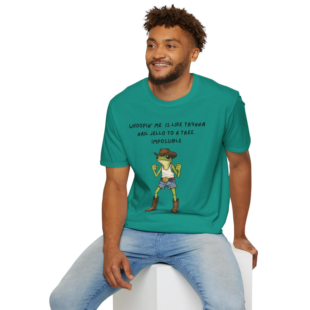 Funny Frog Cowboy T-Shirt |“Whoopin’ Me Is Like Trynna Nail Jello to a Tree” Graphic Tee