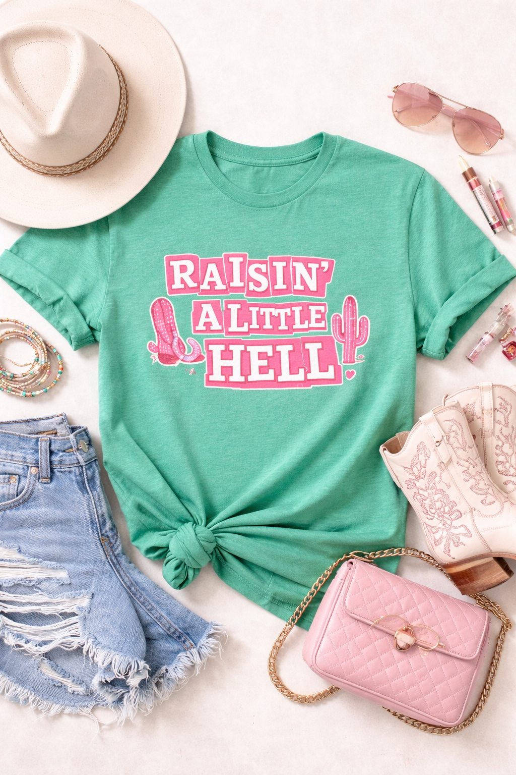 "Raisin' a Little Hell" Southern T-Shirt — Cowgirl Boots & Cactus Graphic