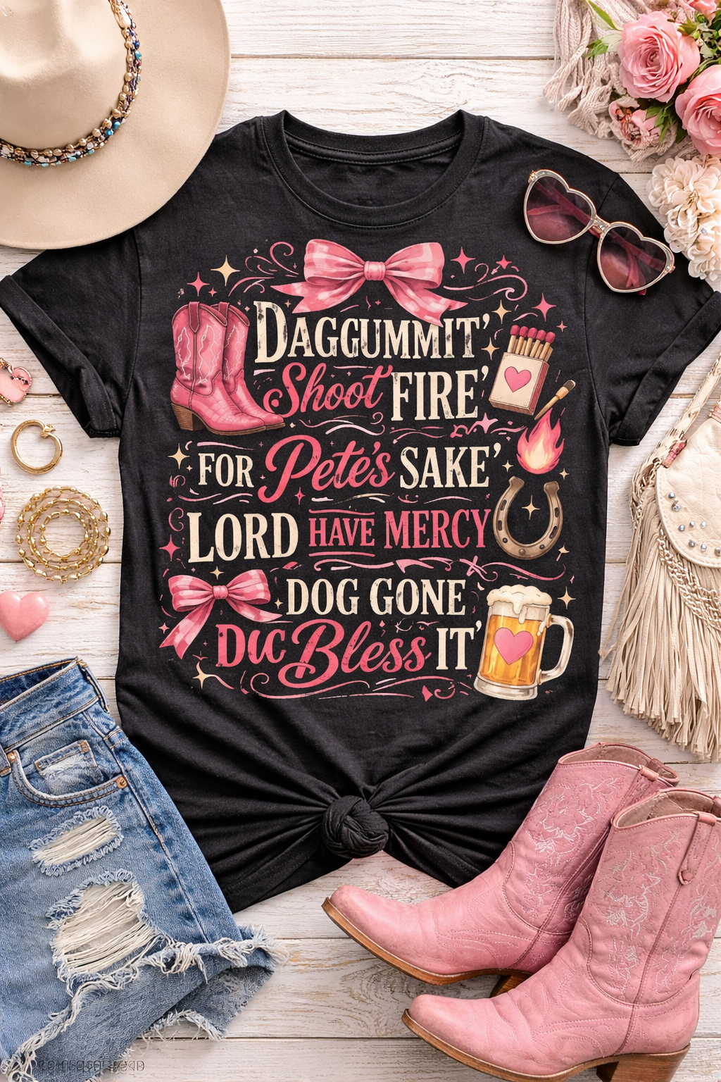 Southern Graphic Tee-Shirt | "Daggummit Shoot Fire "| Country Cowgirlie Design