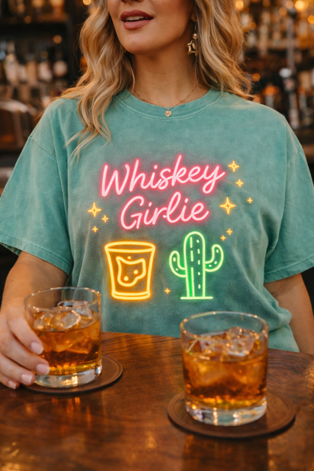 Whiskey Girlie| Southern Tee-Shirt — Neon Cactus & Shot Glass Graphic