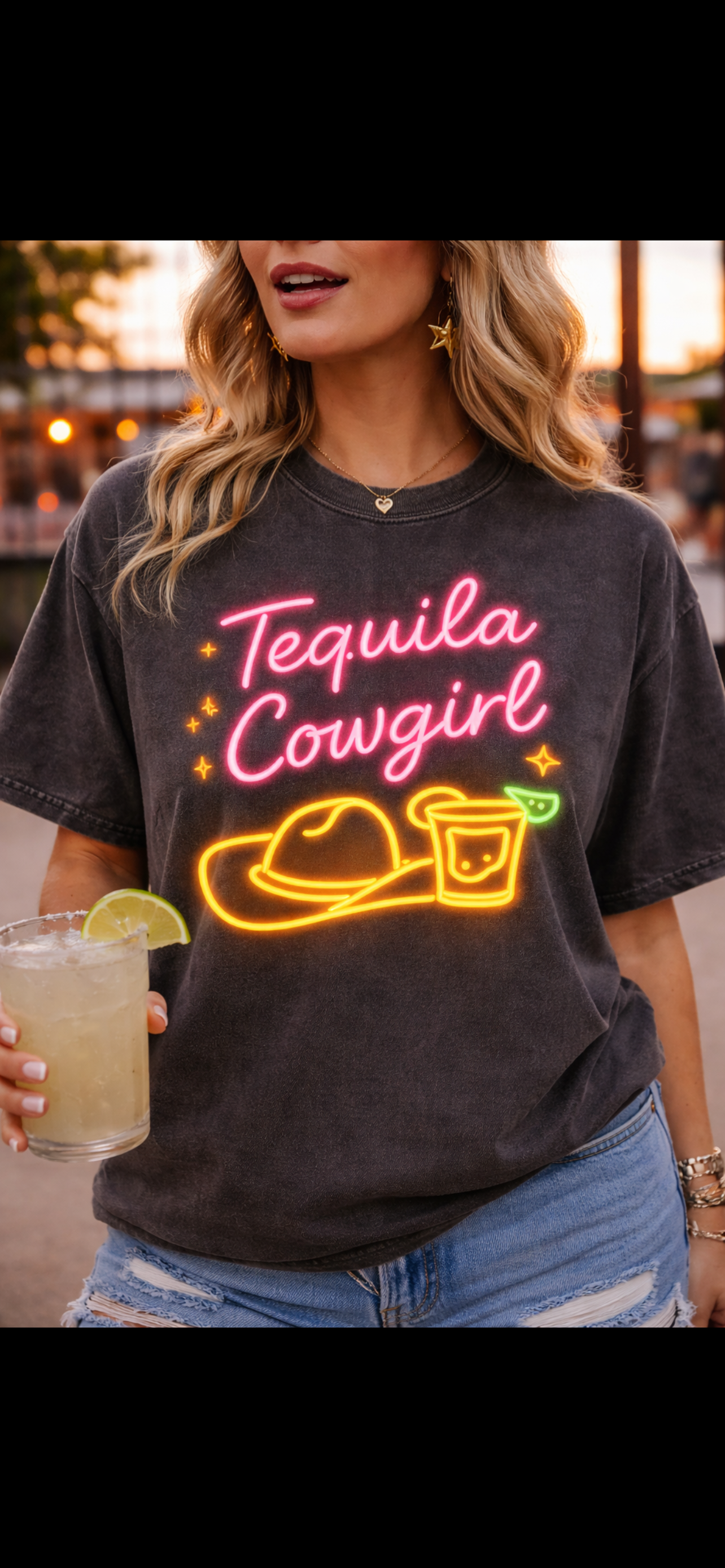 Tequila Southern Cowgirl T-Shirt | Neon Cowgirl Hat & Shot Glass |Graphic Tee