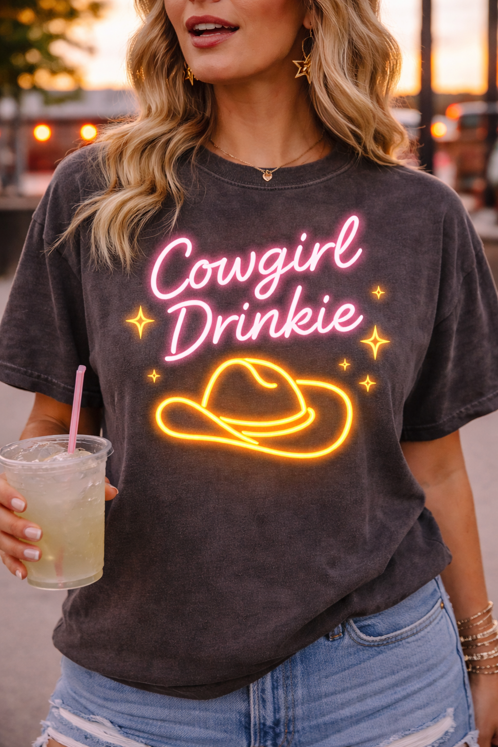 Cowgirl Drinkie | Southern Girlie T-Shirt | Retro Neon Hat Graphic