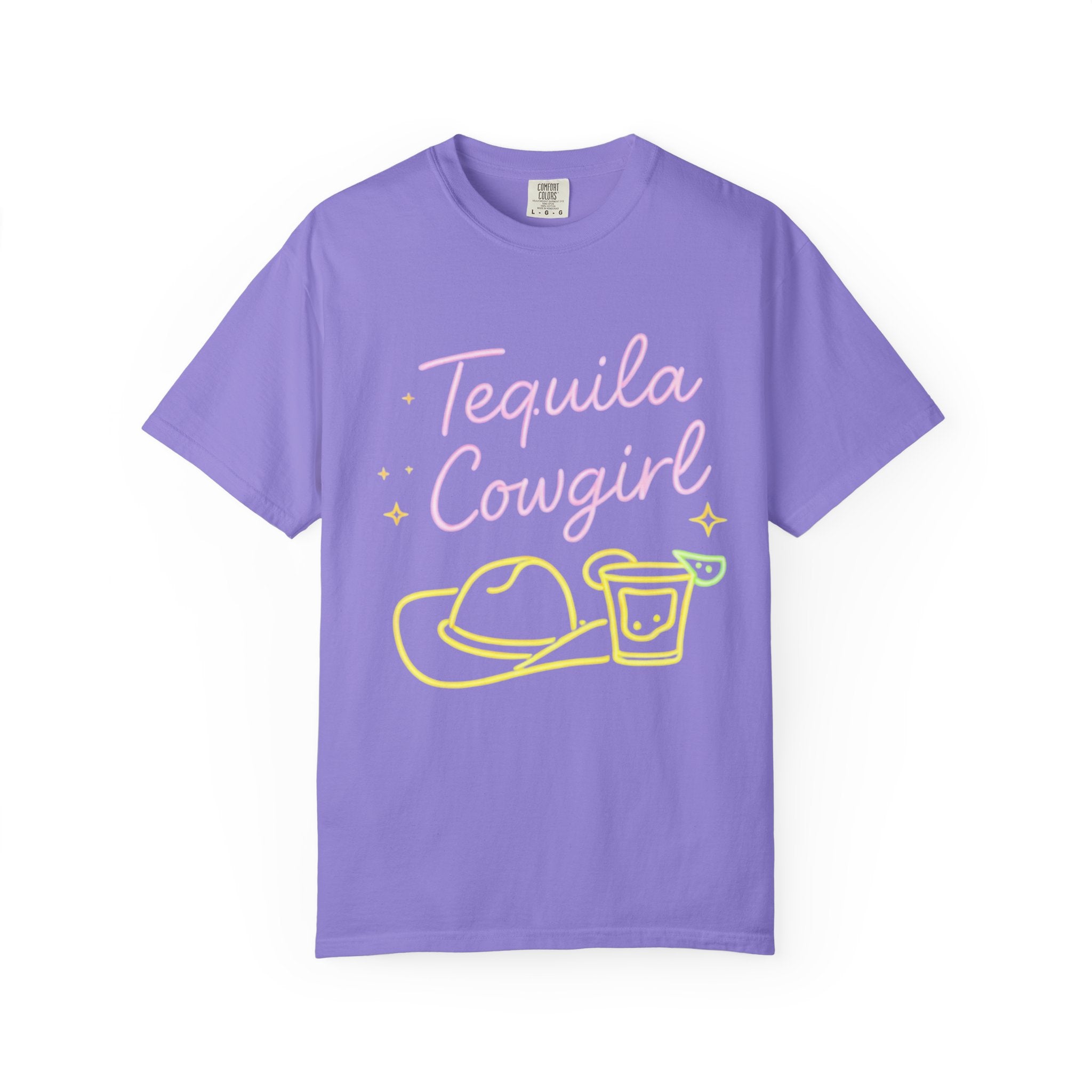 Tequila Southern Cowgirl T-Shirt | Neon Cowgirl Hat & Shot Glass |Graphic Tee