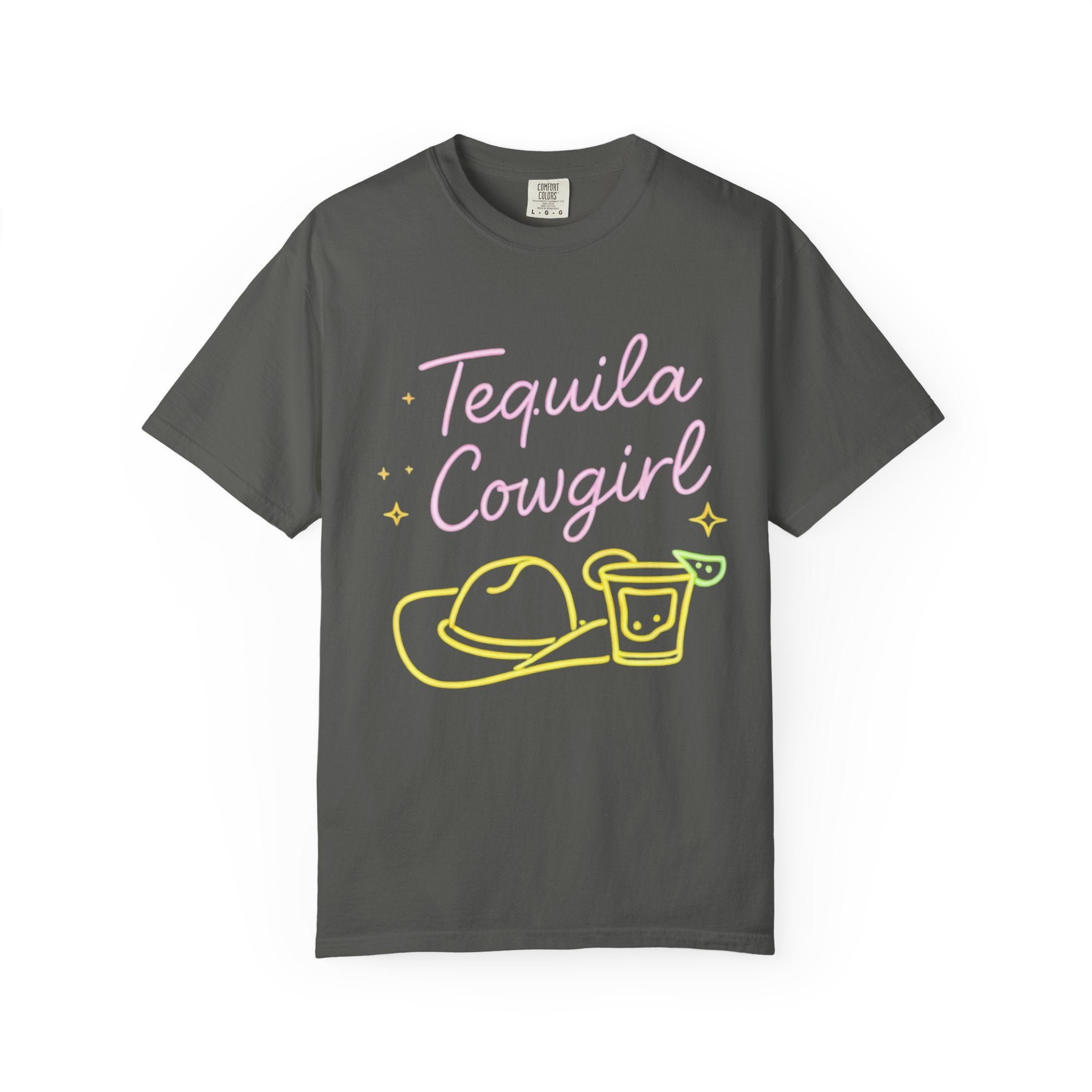 Tequila Southern Cowgirl T-Shirt | Neon Cowgirl Hat & Shot Glass |Graphic Tee