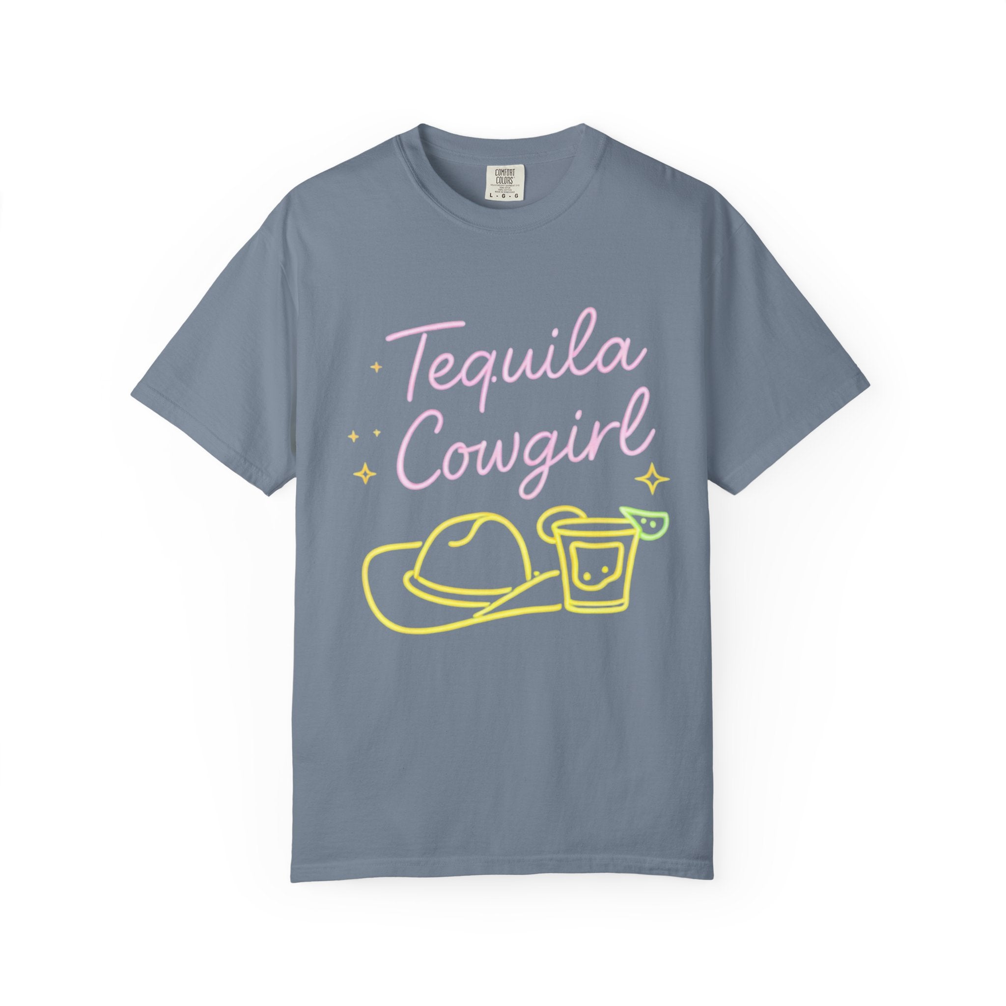 Tequila Southern Cowgirl T-Shirt | Neon Cowgirl Hat & Shot Glass |Graphic Tee