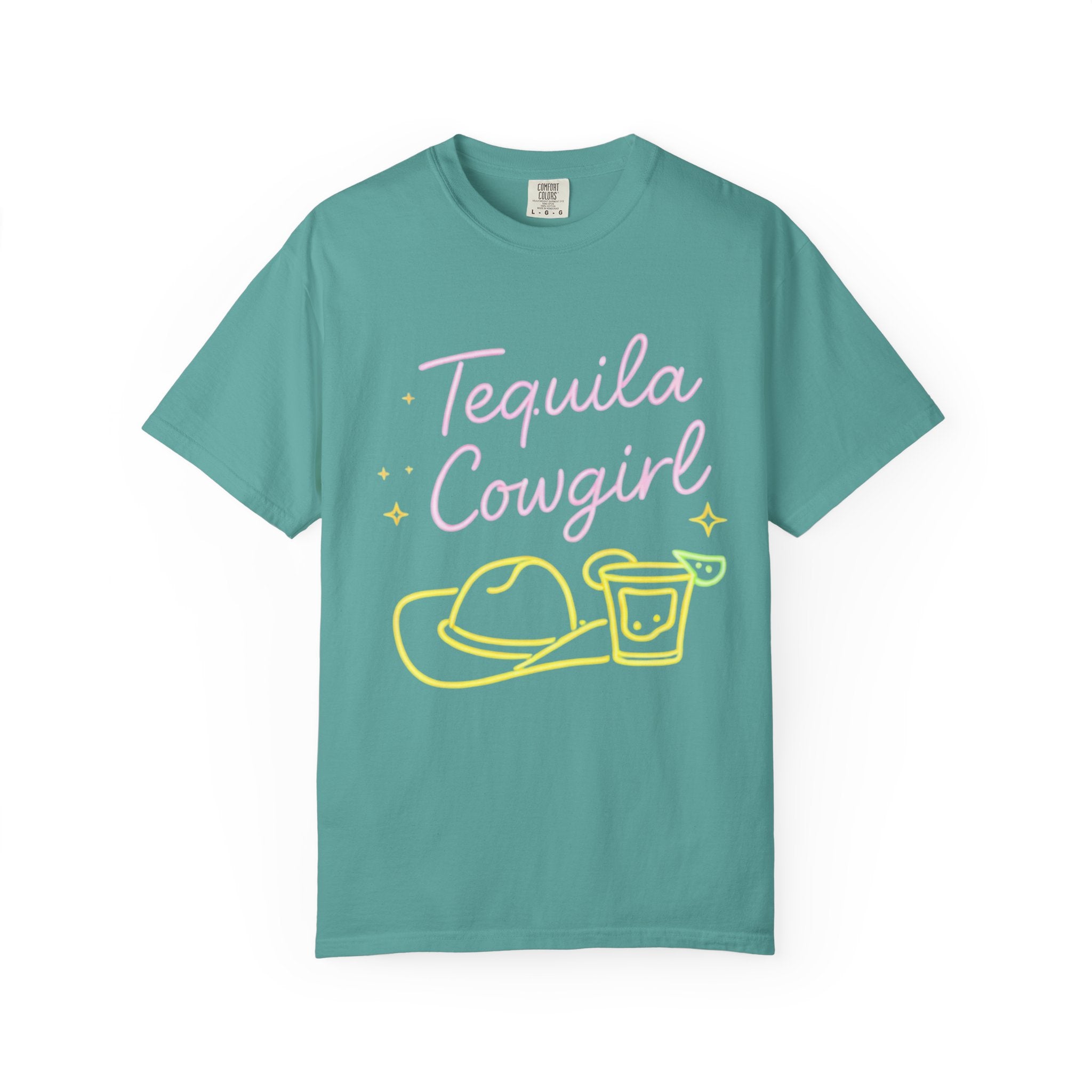 Tequila Southern Cowgirl T-Shirt | Neon Cowgirl Hat & Shot Glass |Graphic Tee