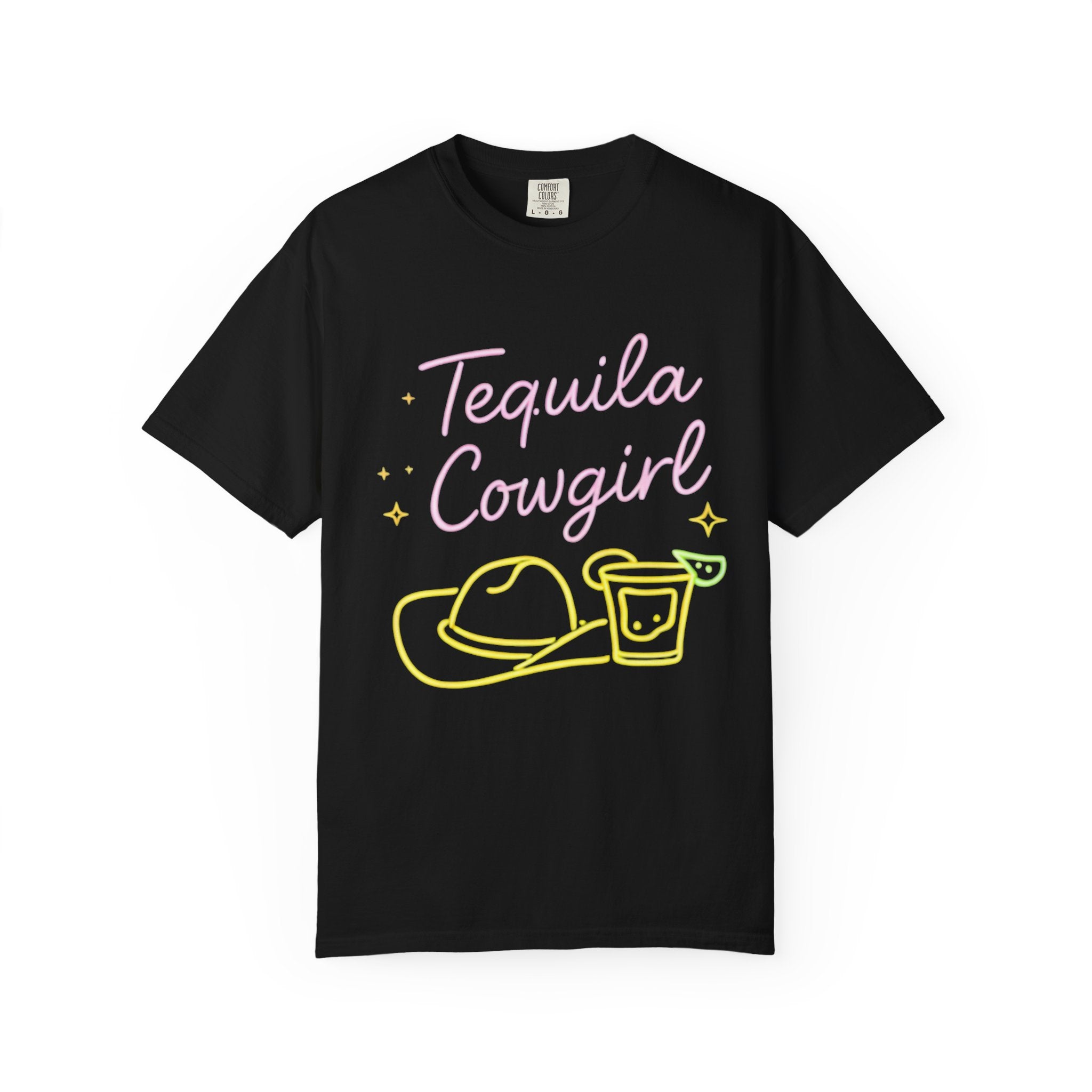 Tequila Southern Cowgirl T-Shirt | Neon Cowgirl Hat & Shot Glass |Graphic Tee