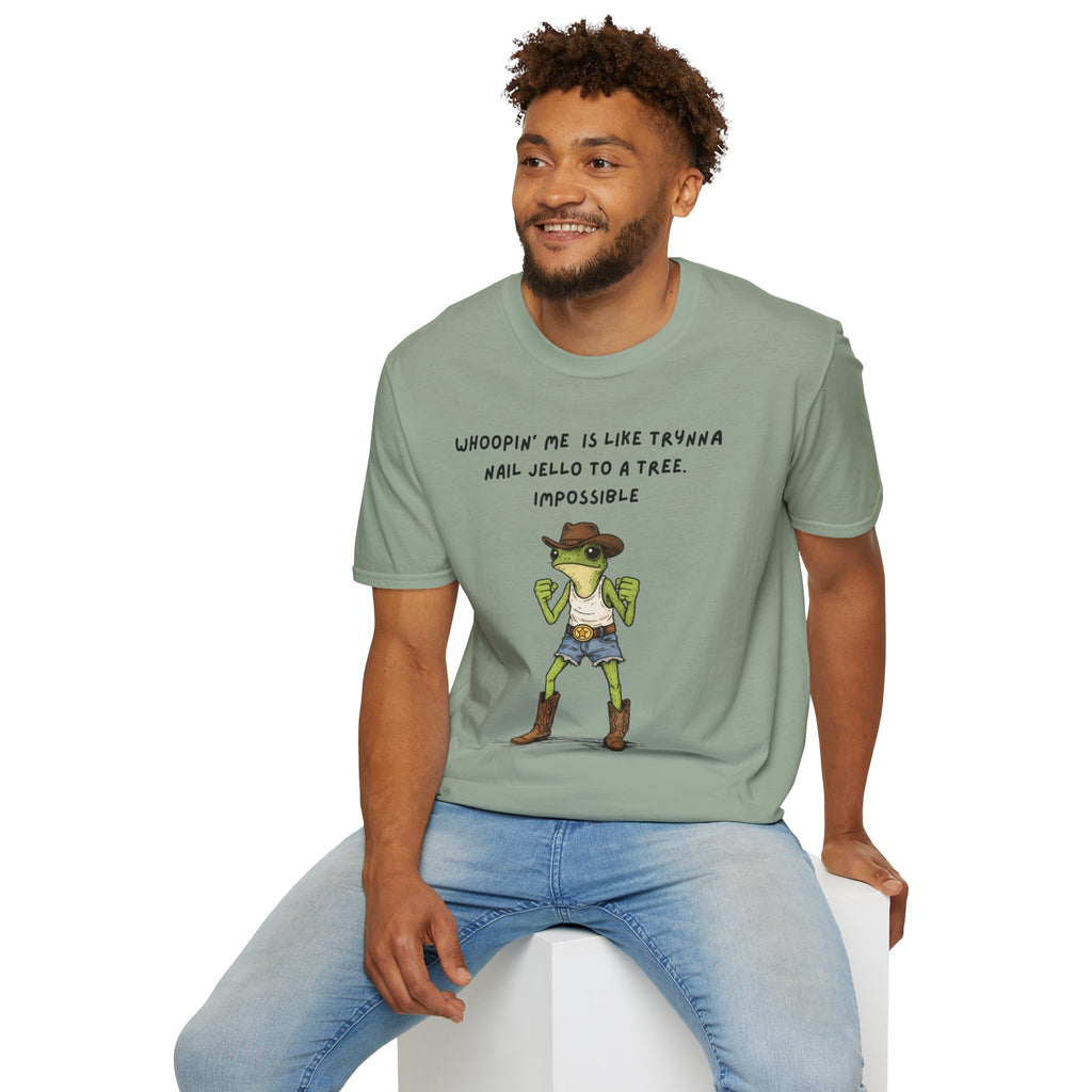 Funny Frog Cowboy T-Shirt |“Whoopin’ Me Is Like Trynna Nail Jello to a Tree” Graphic Tee