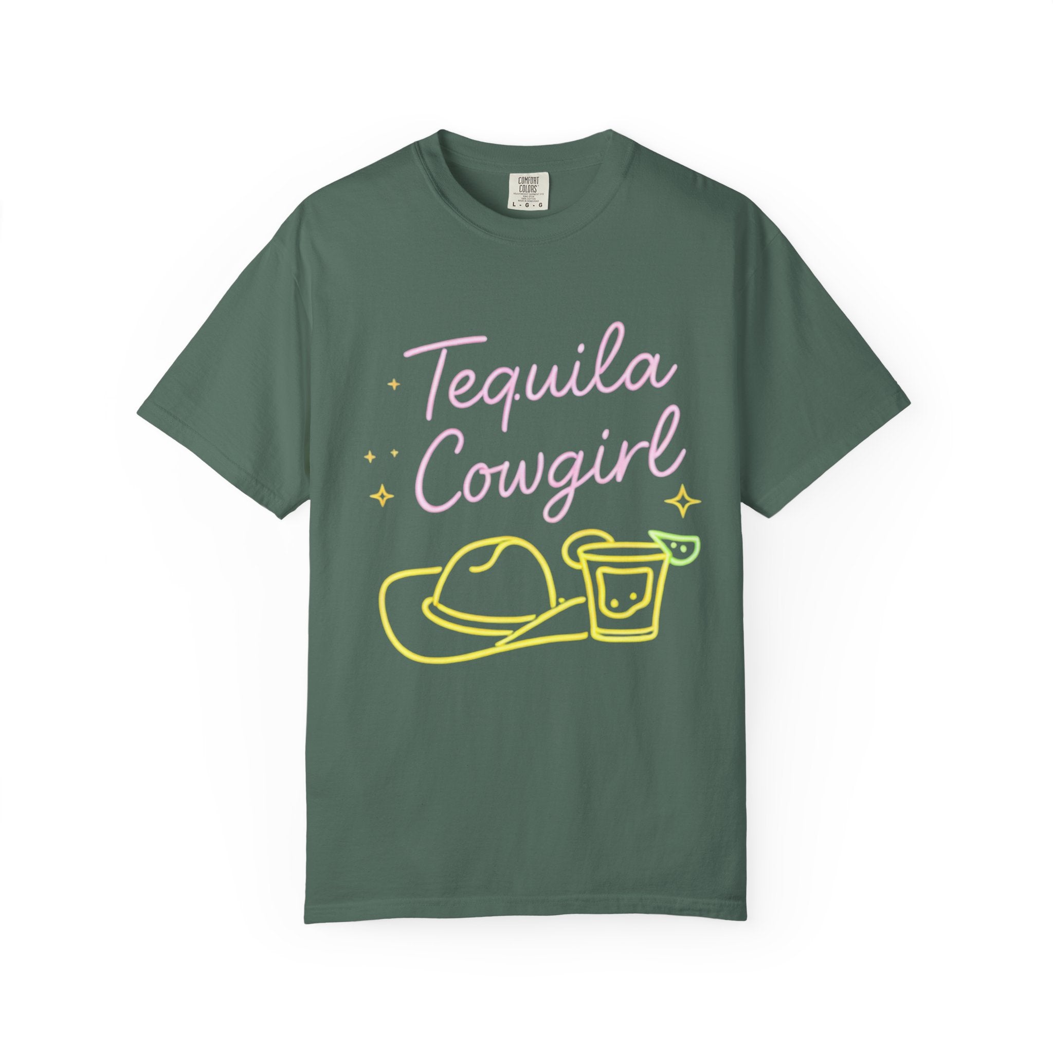 Tequila Southern Cowgirl T-Shirt | Neon Cowgirl Hat & Shot Glass |Graphic Tee